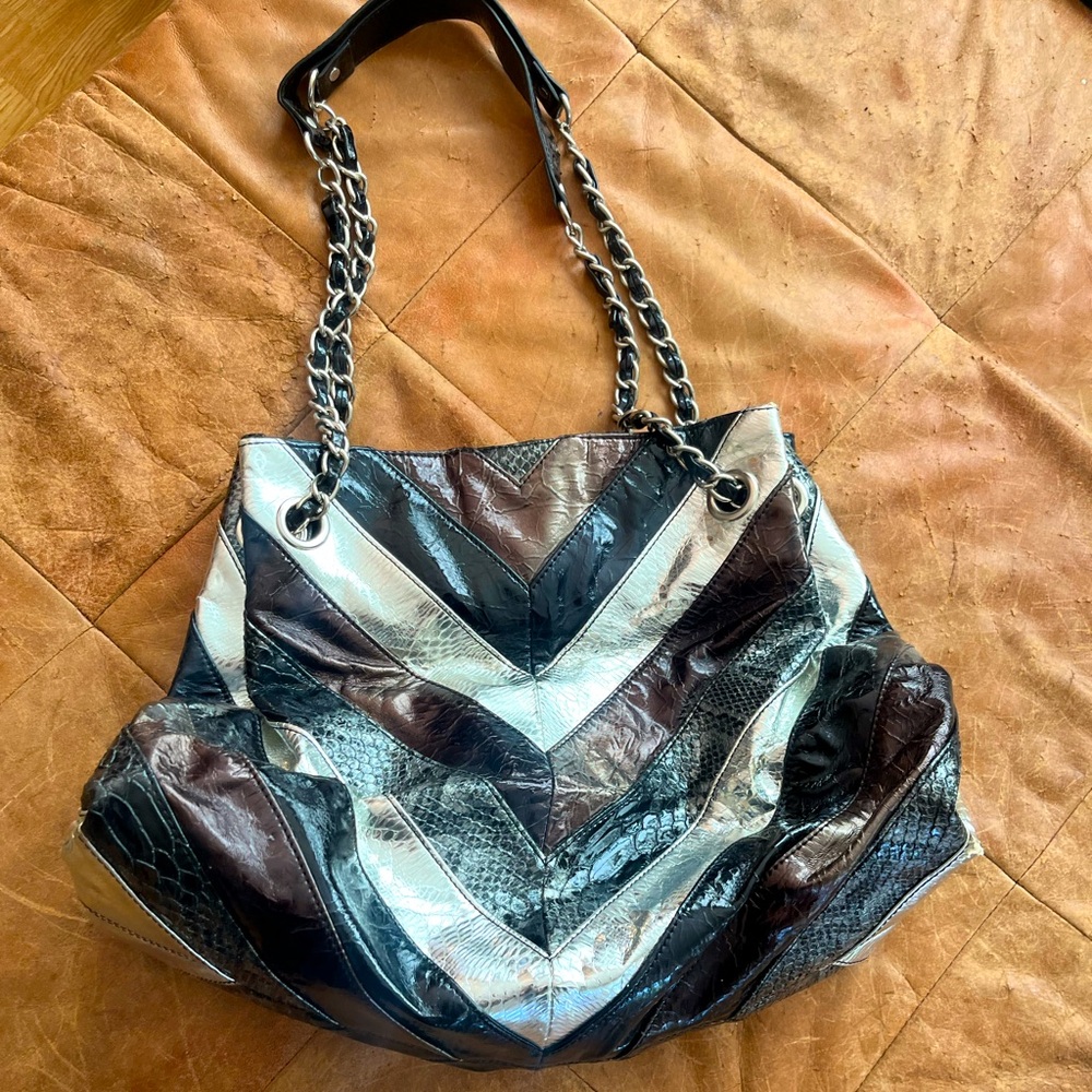 vintage striped tote black silver chain large
